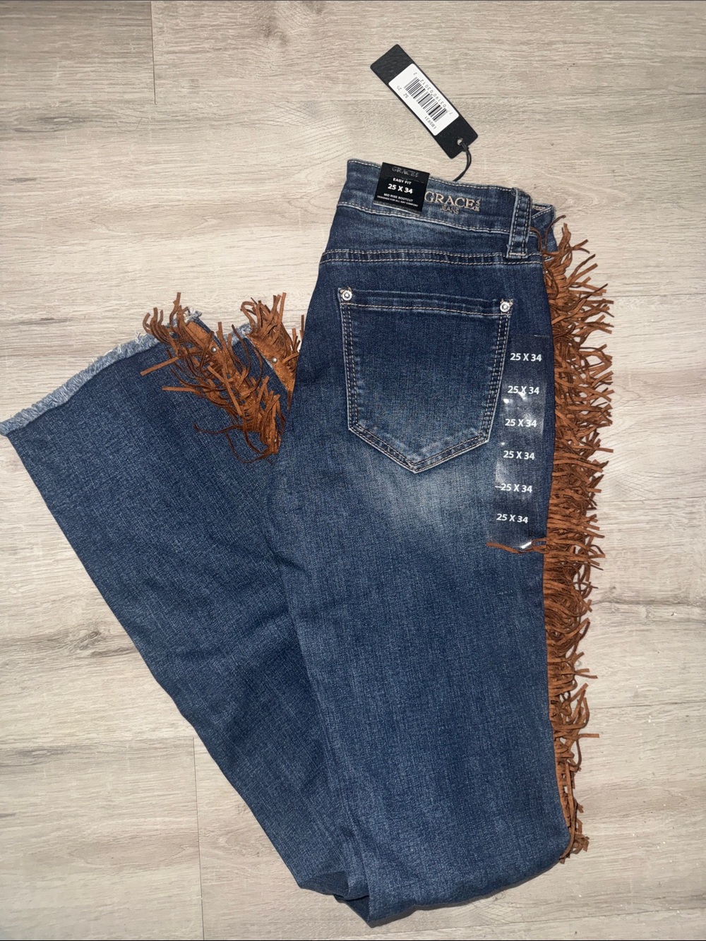 Grace in LA  Blue Denim Bootcut Jeans with Brown Fringe